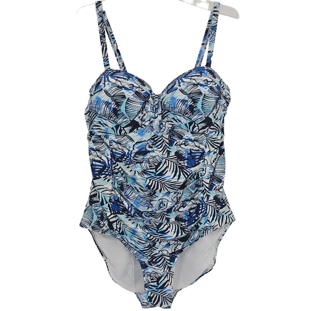 SurfGear Womans size XL One Piece Swimsuit Blue Leaf Ruched Molded Cups NEW